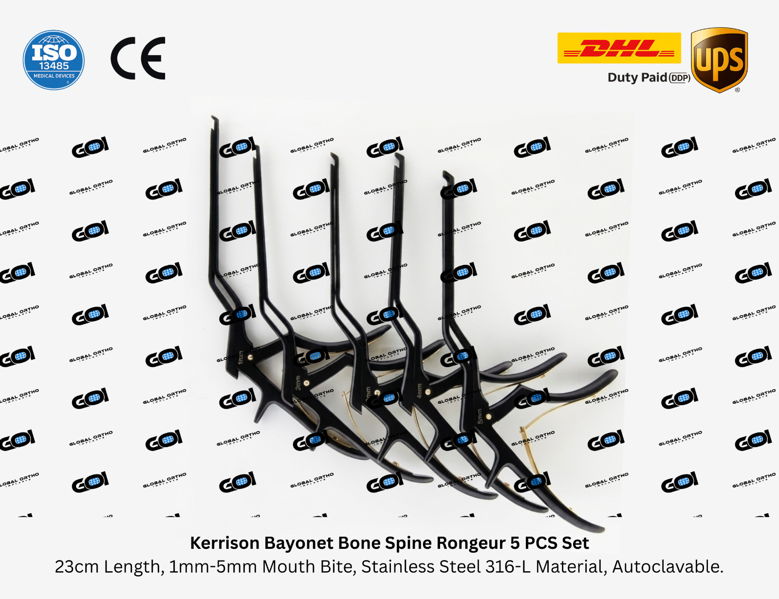 5 Pc Kerrison Bayonet Rongeur Set 1-5mm 316L SS Black Coated 40° 9 Inch OEM Kit