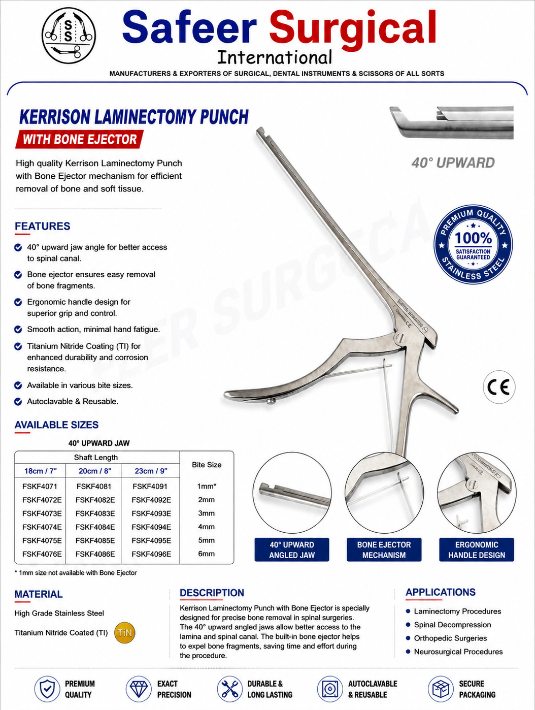 Kerrison Laminectomy Punch Bone Ejector 40°Upward Jaw 18/20/23cm 1-6mm Stainless