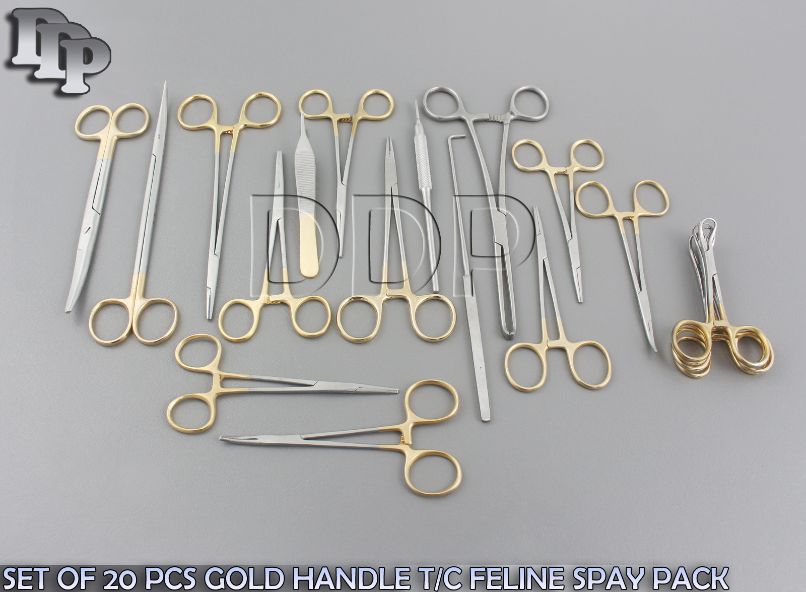 SET OF 20 PCS GOLD HANDLE T/C FELINE SPAY PACK SURGICAL INSTRUMENTS KIT DS-1062