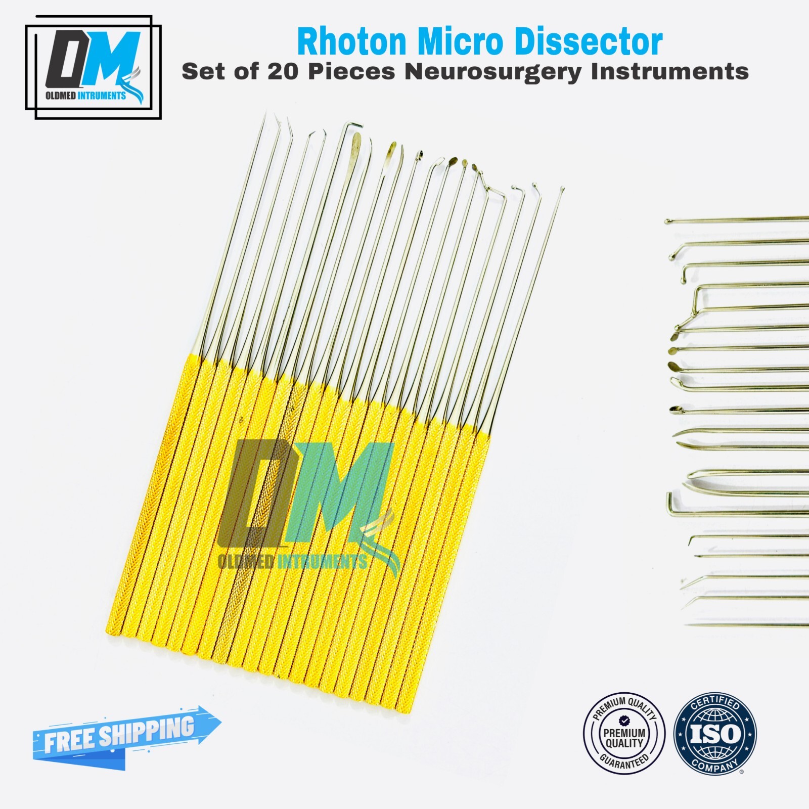 Rhoton Micro Dissector Set 20 Pieces with Gold Neurosurgery Surgical Instruments