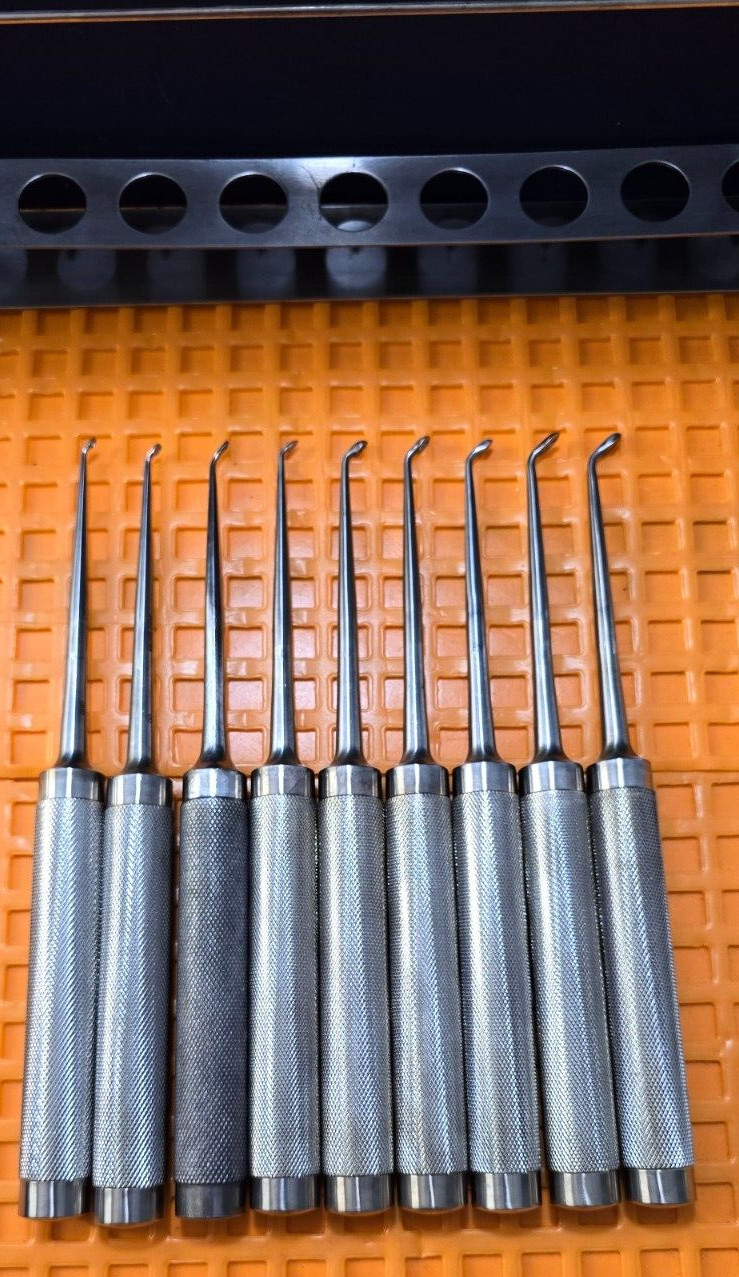 JARIT 240-085 Orthopedic Cobb Curettes Oval Cup Angled Tip Set of 9 With Rack