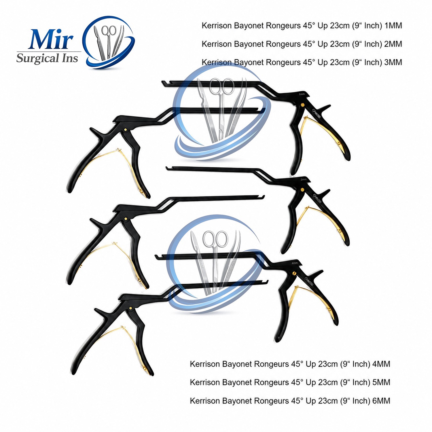 Bayonet Kerrison Rongeur 9″ Black 45° Up 1-6mm Spine Surgical Set 6 Pcs