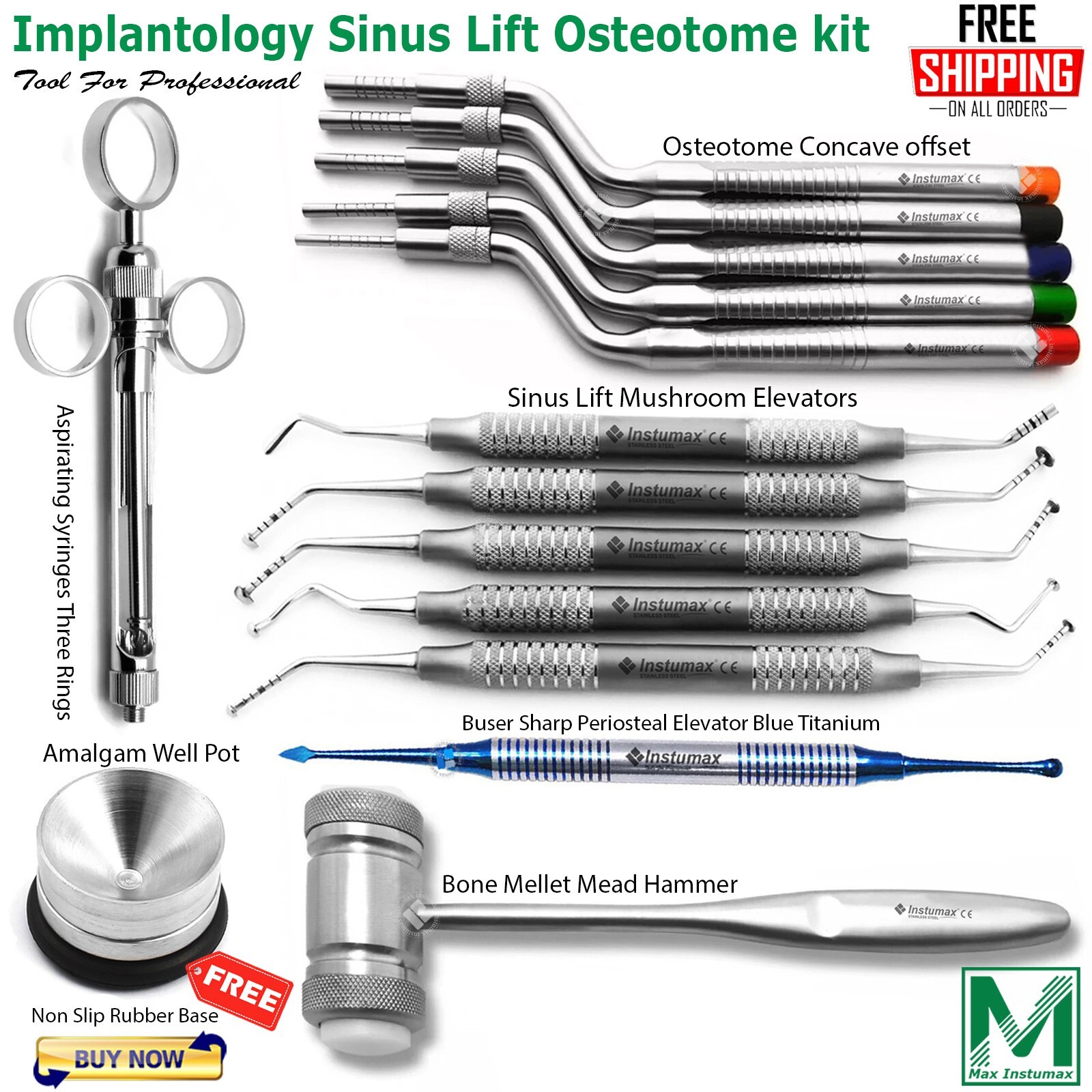 19Pc Dental Sinus Lift Surgery Kit Offset Osteotome Bone Spreading Mallet Hammer