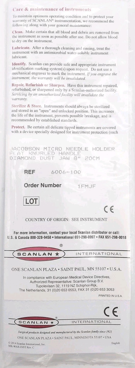 NEW Scanlan 6006-100 Diamond Dust Jacobson Micro Needle Holder 8″ OEM
