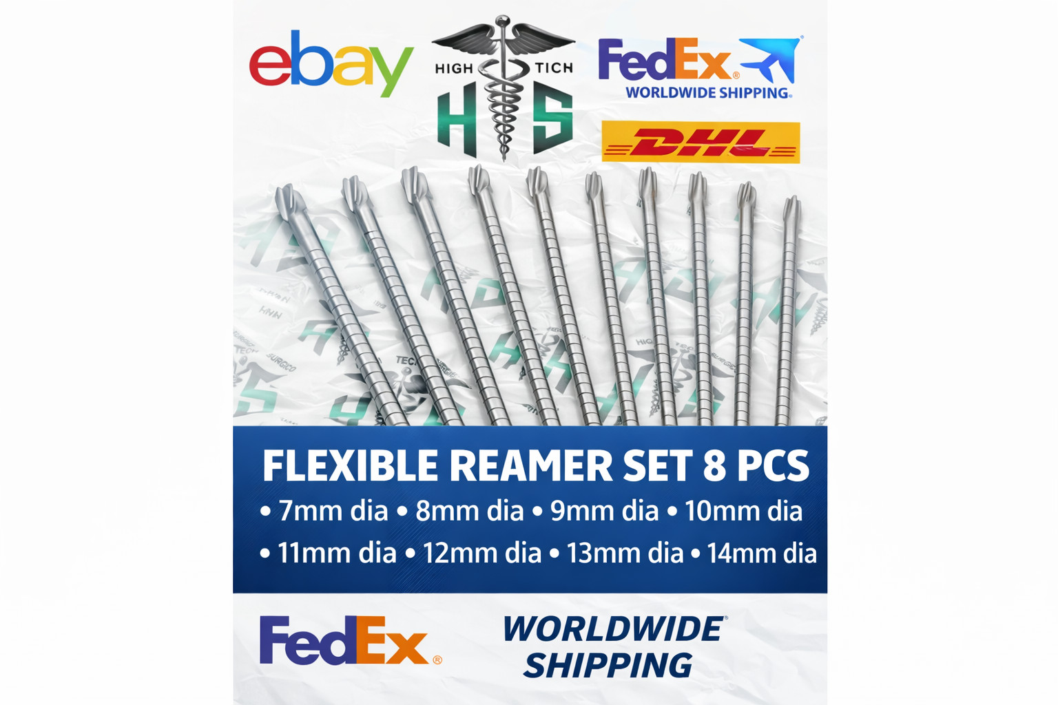 Flexible Reamer Surgical Instruments 7mm-14mm Set 8 Pcs Orthopedic Instruments