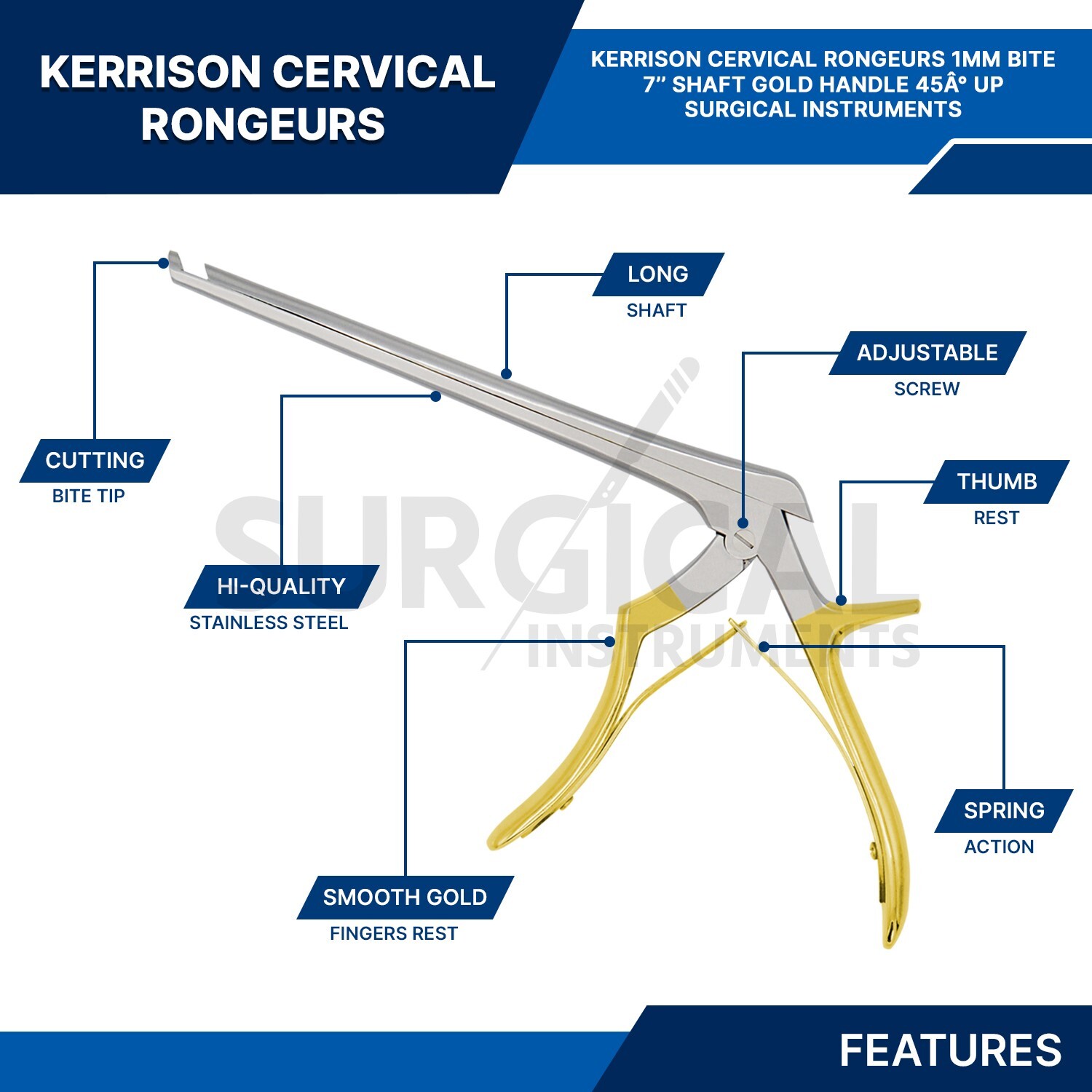 5 KERRISON Rongeurs 7″ 1, 2, 3, 4, 5mm up 45 Gold Handle Orthopedic German Grade