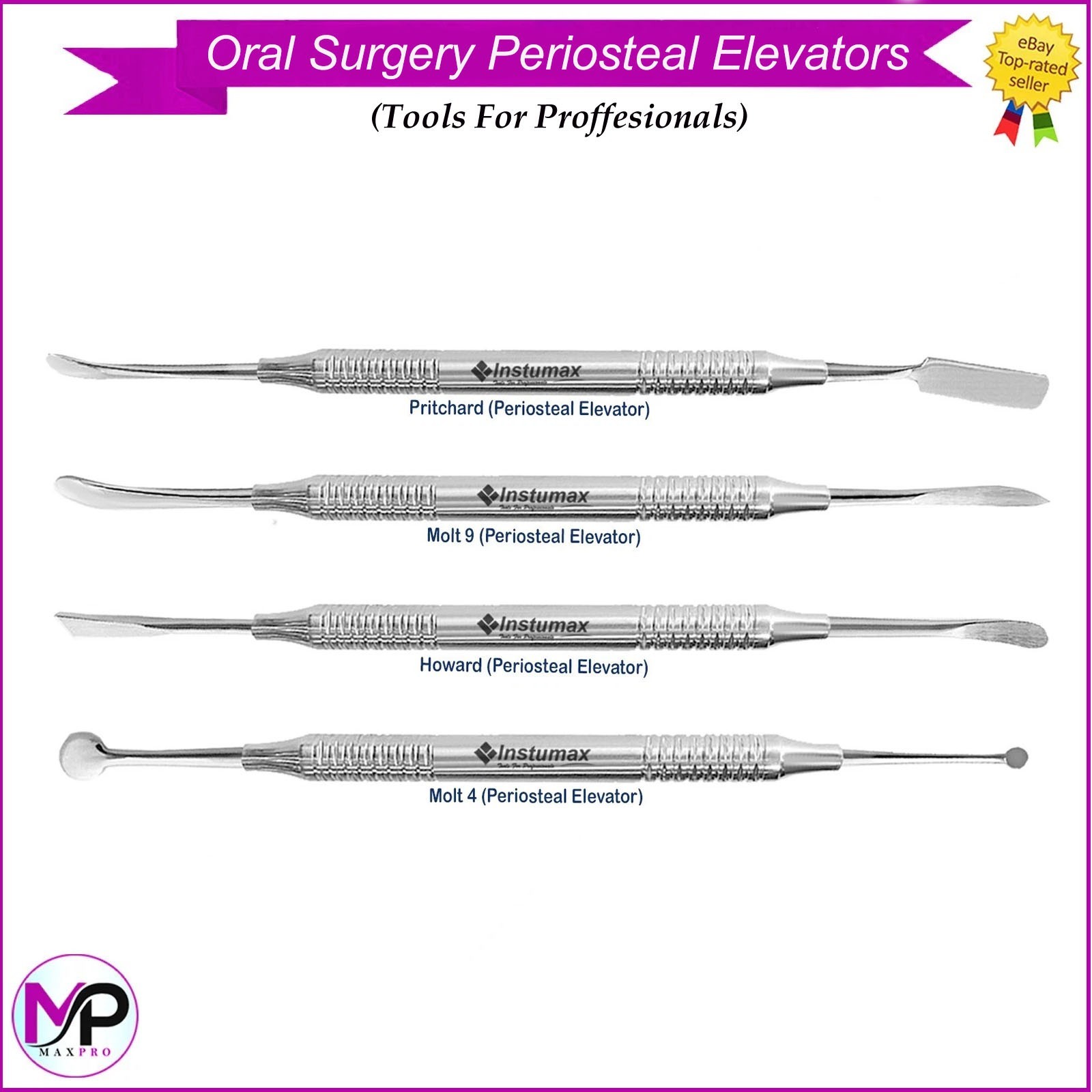 Oral Surgery Periosteal Elevators Set of 4 Stainless Steel Surgical Instruments