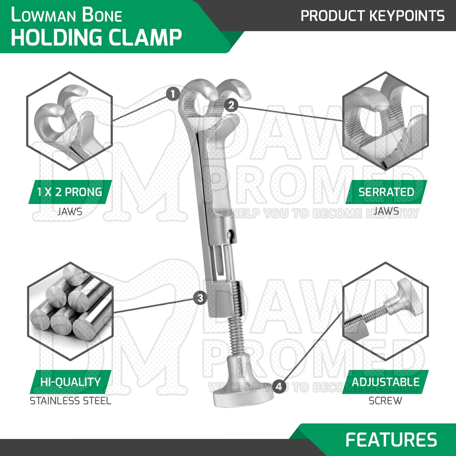 Lowman Bone Holding Clamp 5″ 1×2 Prong 3/4″ Orthopedic Instruments German Grade