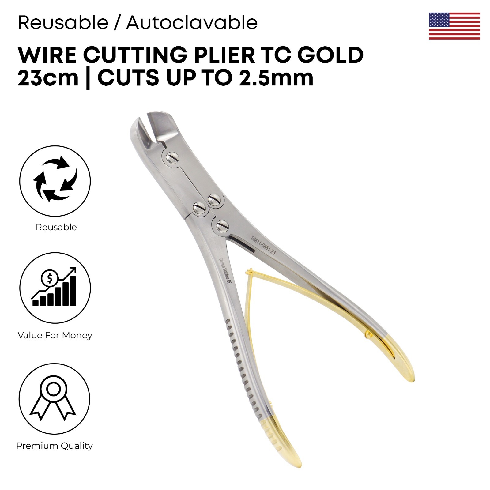 Wire Cutting Plier TC Gold 23cm Stainless Steel Surgical Orthopedic Instruments