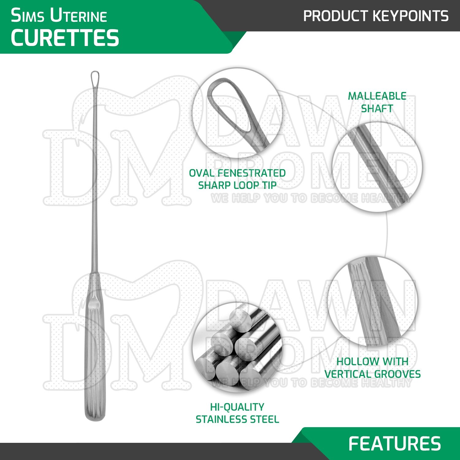 Sims Uterine Curettes Size 3 11″ Sharp Blade OB/GYN Surgical Instrument German G