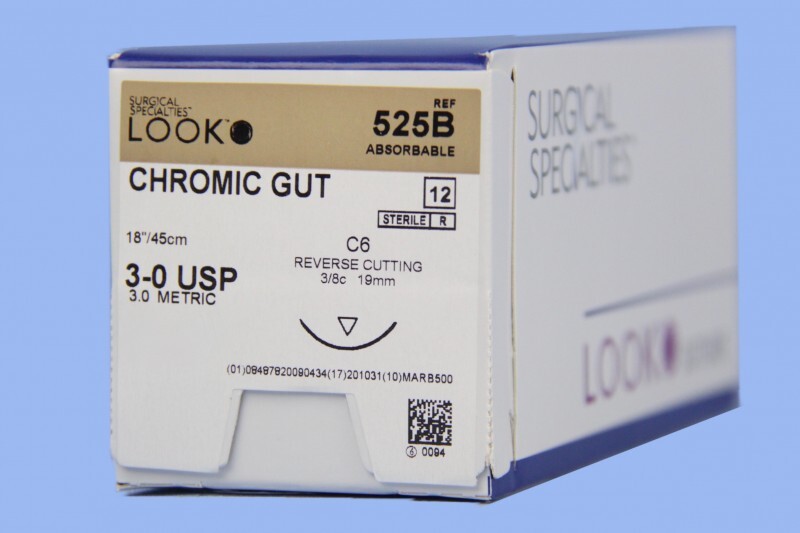 Look 525B Chromic Gut Absorbable Reverse Cut Sutures C6 3/8 Circle 3-0 18″ 12/Bx