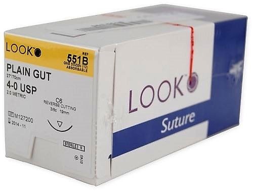 Look X551B Plain Gut Absorbable Reverse Cut Sutures 4-0 C6 3/8 Circle 27″ 12/Pk