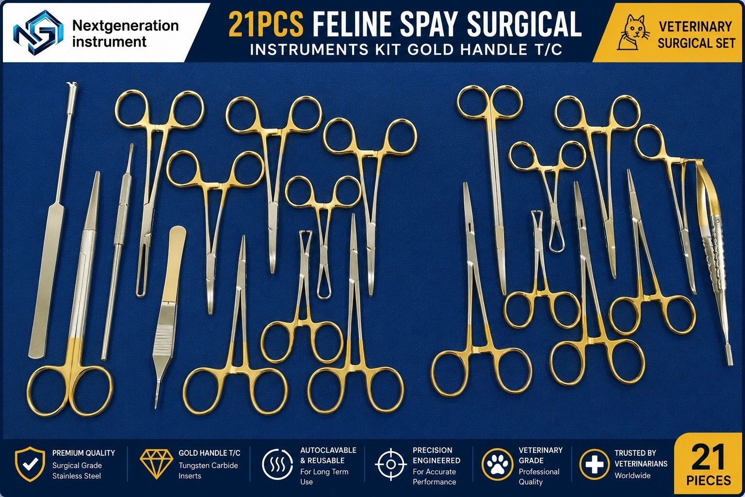 21PCS Feline Spay Surgical Instruments Gold Handle T/C Veterinary Surgical Kit