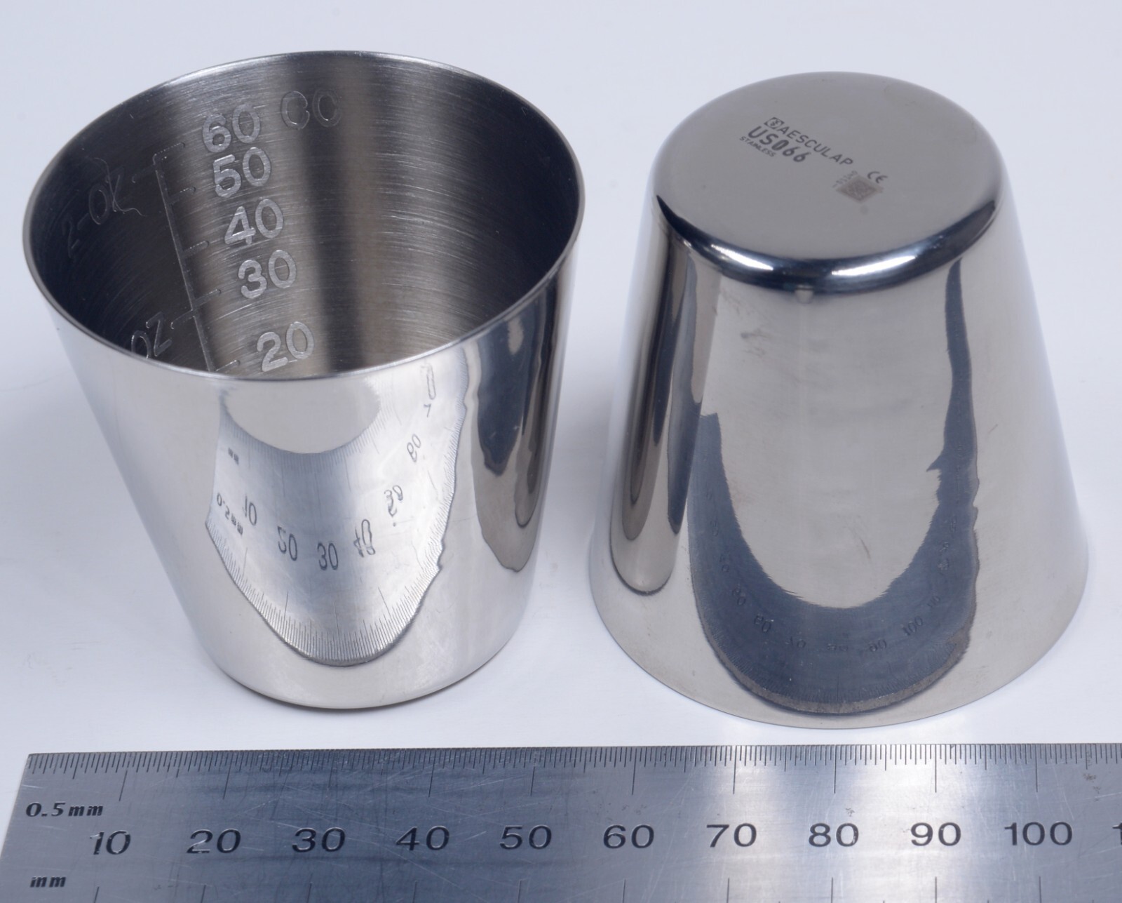 2x Aesculap #US066 Measuring Medicine Cup 2oz 60cc Stainless Steel