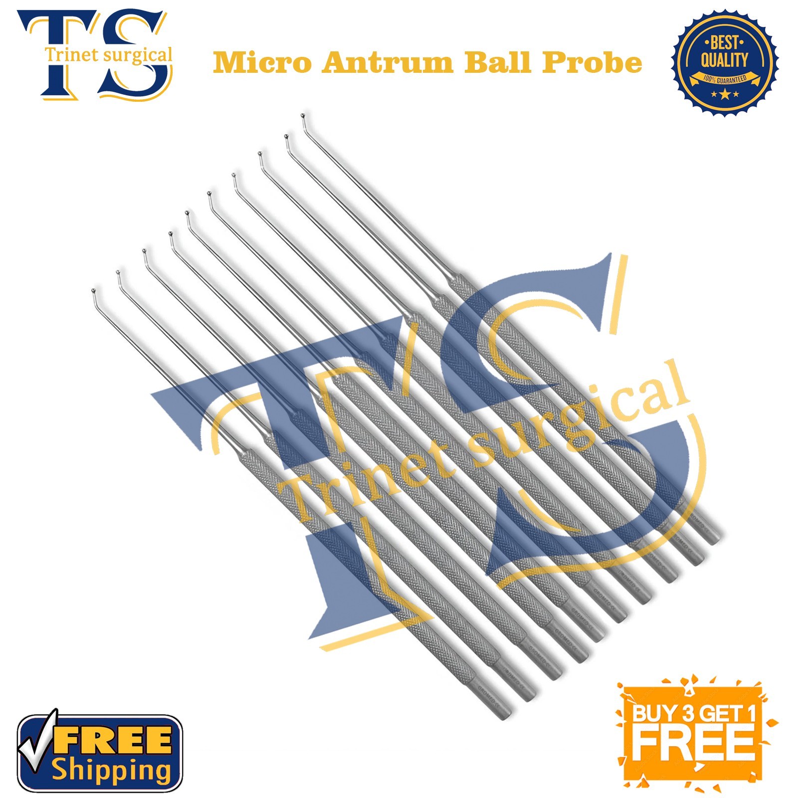 10pcs Micro Antrum Ball Probe 45° Fine Round Tip ENT Neuro Surgery 6.5” Knurled