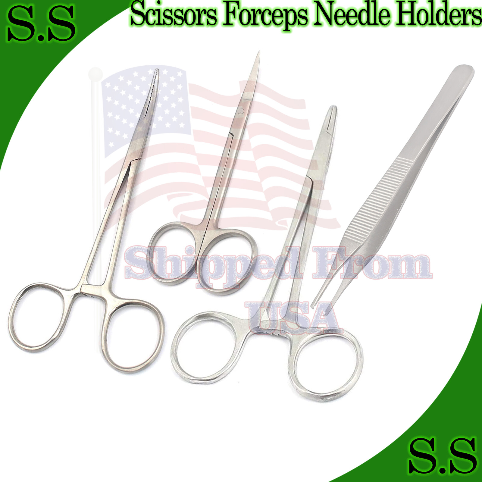 Set Of 4 Pieces Scissors Forceps Hemostat Needle Holders Surgical Instruments