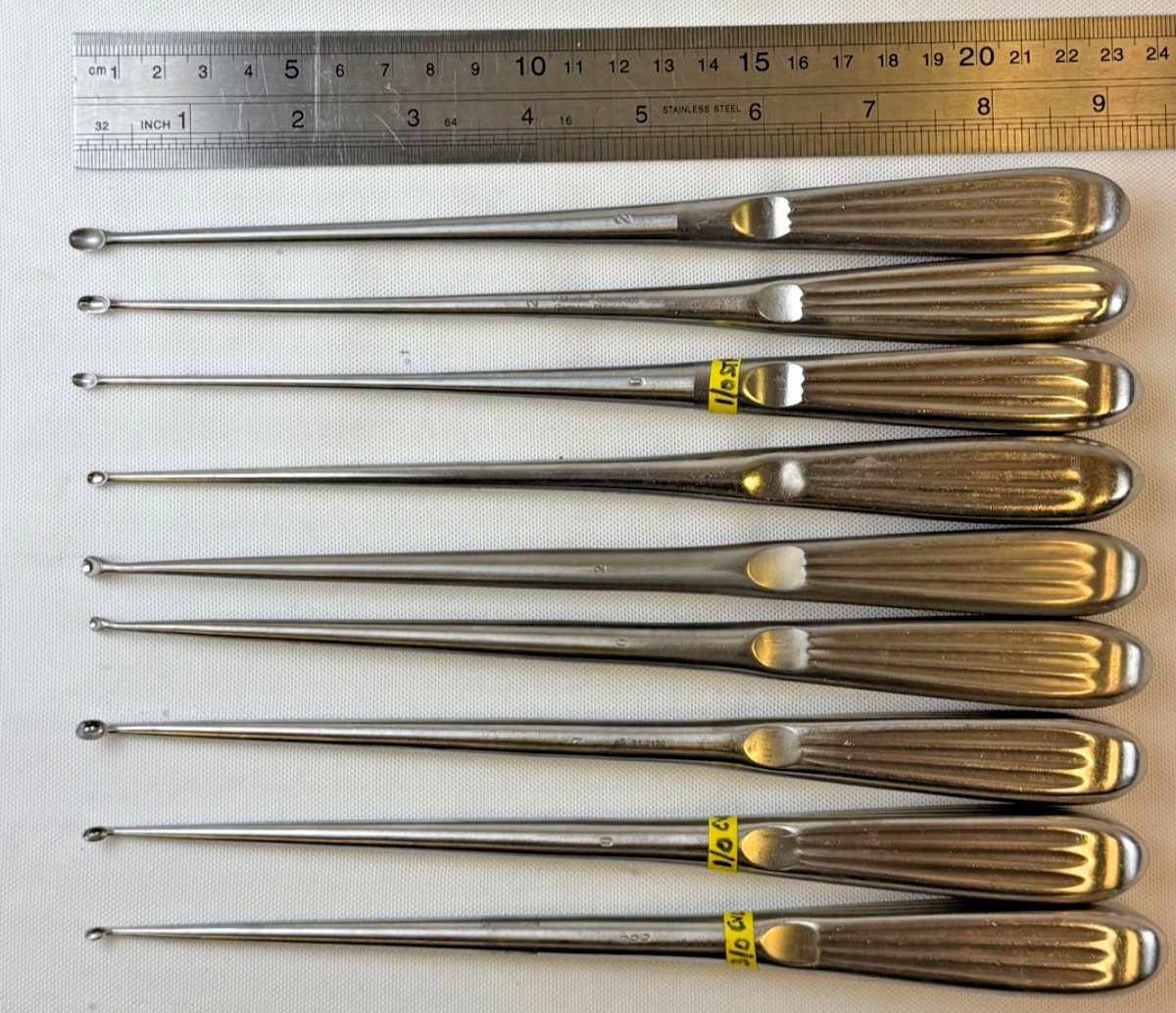 Set of 9 Millennium 9″ Brun Bone Curettes Reverse & Forward Angle Straight Neuro