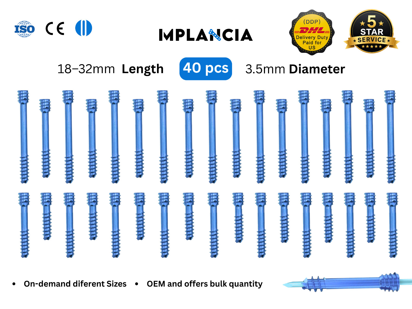 3.5mm Headless Screws Titanium Alloy 18–32mm 40 pcs Set W/ Drive Titanium 40 Pcs
