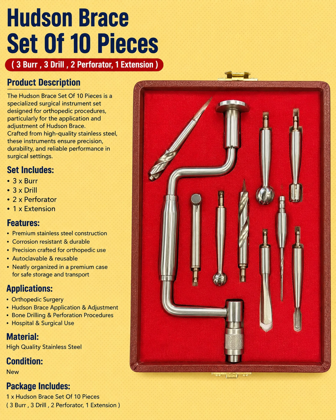 Hudson Brace Set of 10 Pieces Orthopedic Bone Drill Burr Perforator Surgical Kit