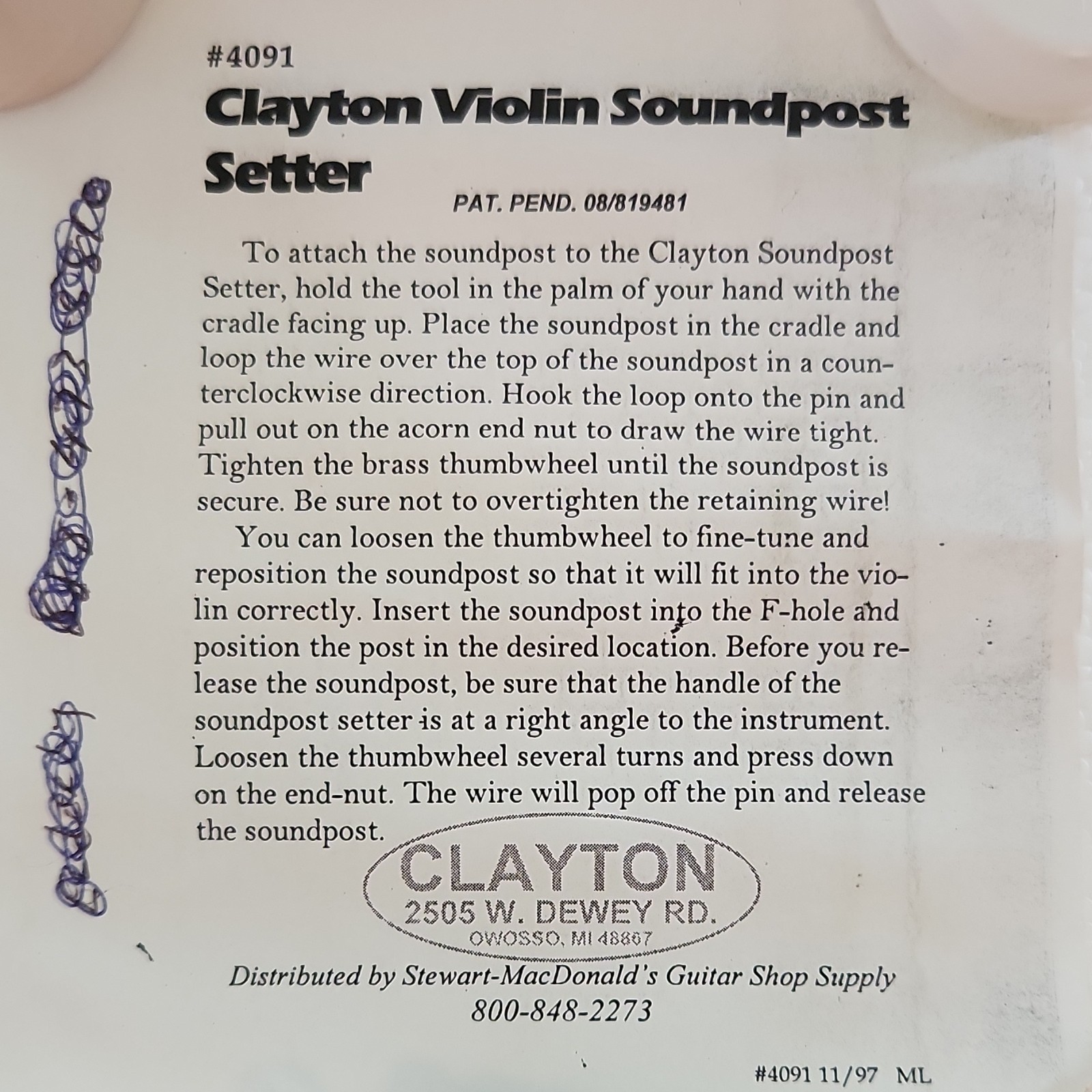 Clayton Violin Soundpost Setter 4091 Instrument for Biological Laboratory