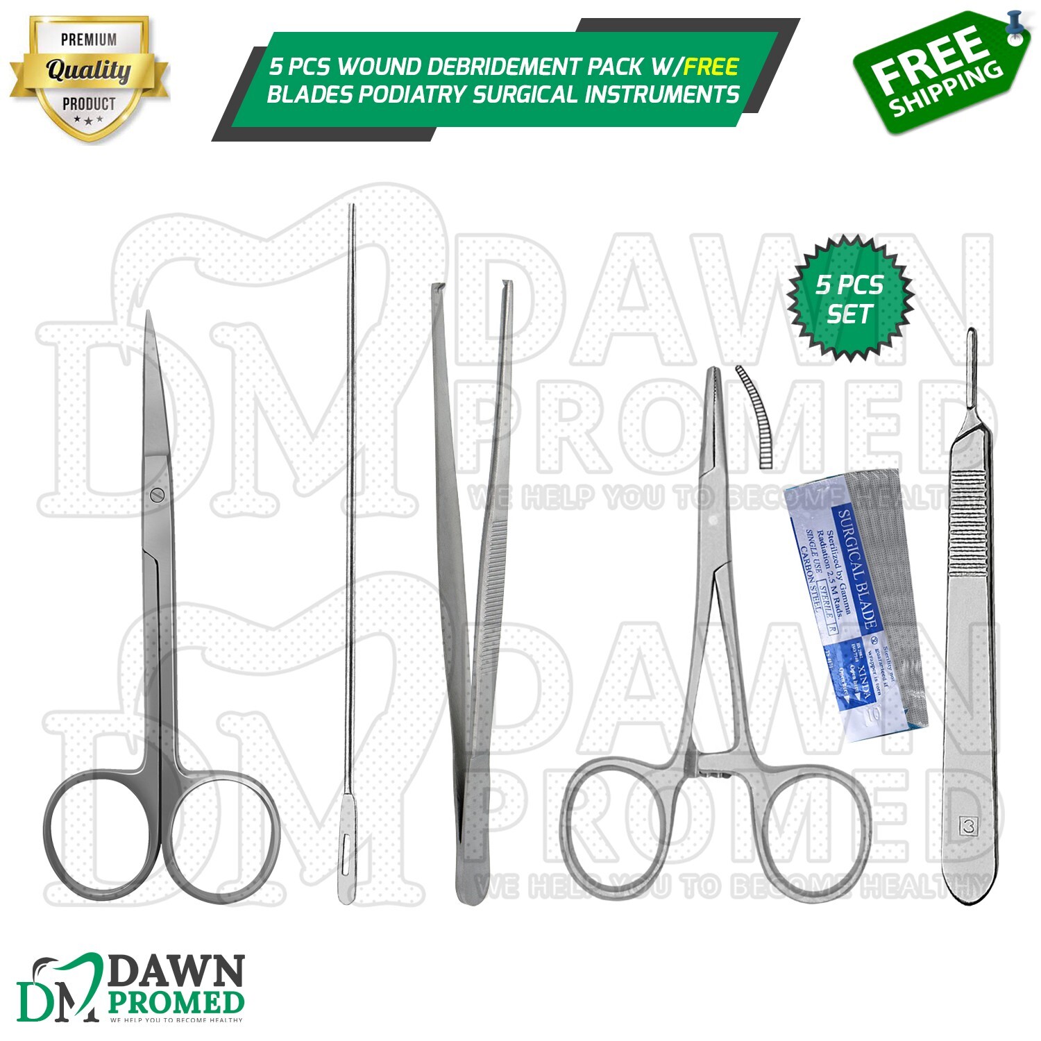 5 Pcs Wound Debridement Pack W/FREE Scalpel Blades Podiatry Surgical Instruments