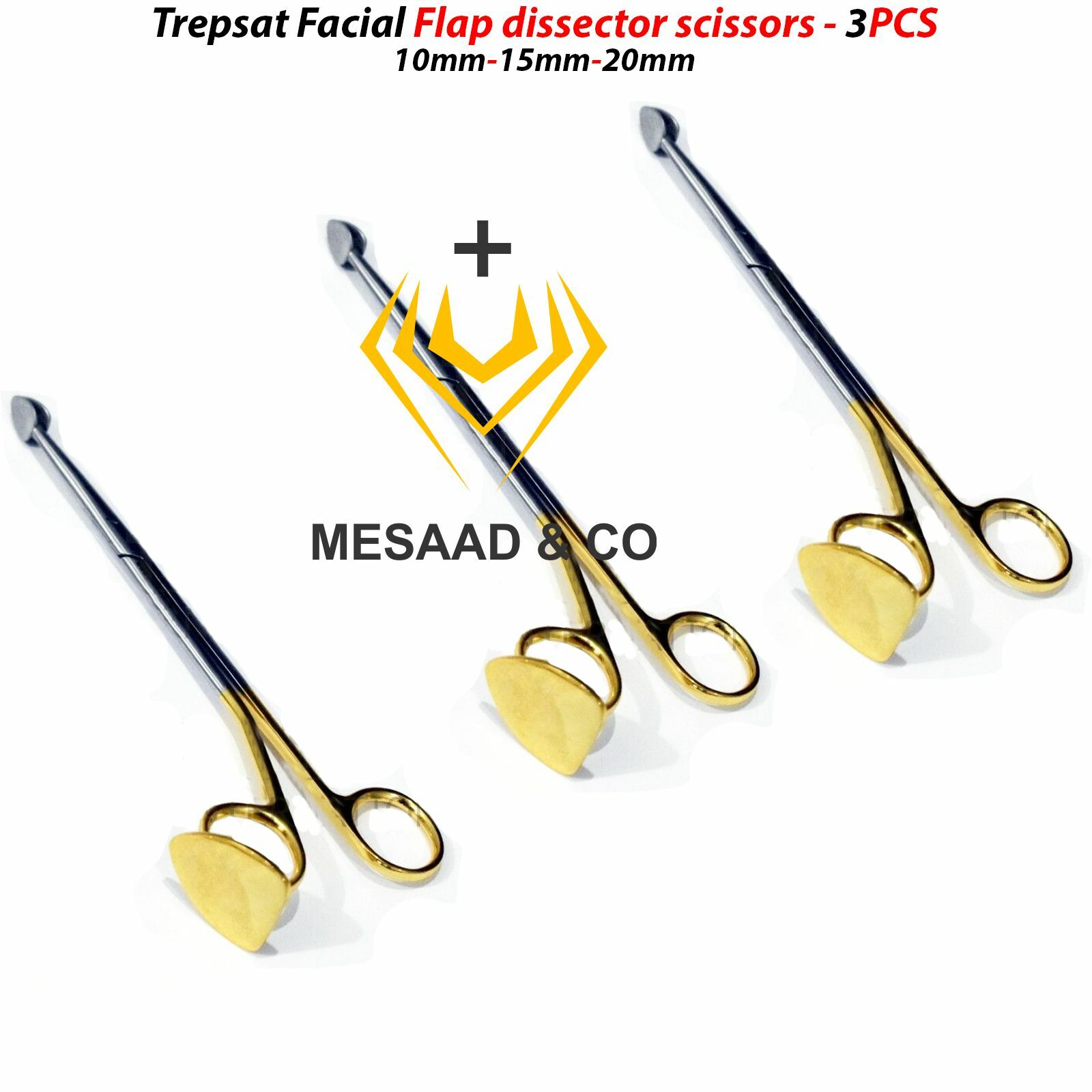 OR Grade Trepsat Facial Flap Dissector Scissors Set of 3pcs 10mm 15mm 20mm NEW