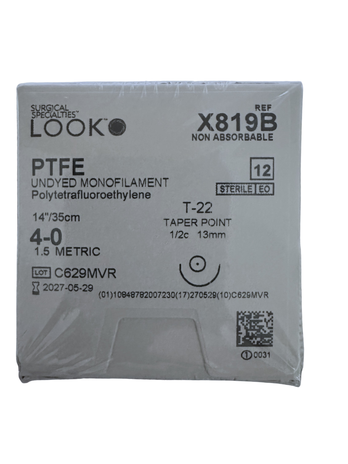 Look X819B PTFE Undyed Sutures 4-0 14” T22 1/2 Circle Taper Point 13mm 12/Pk