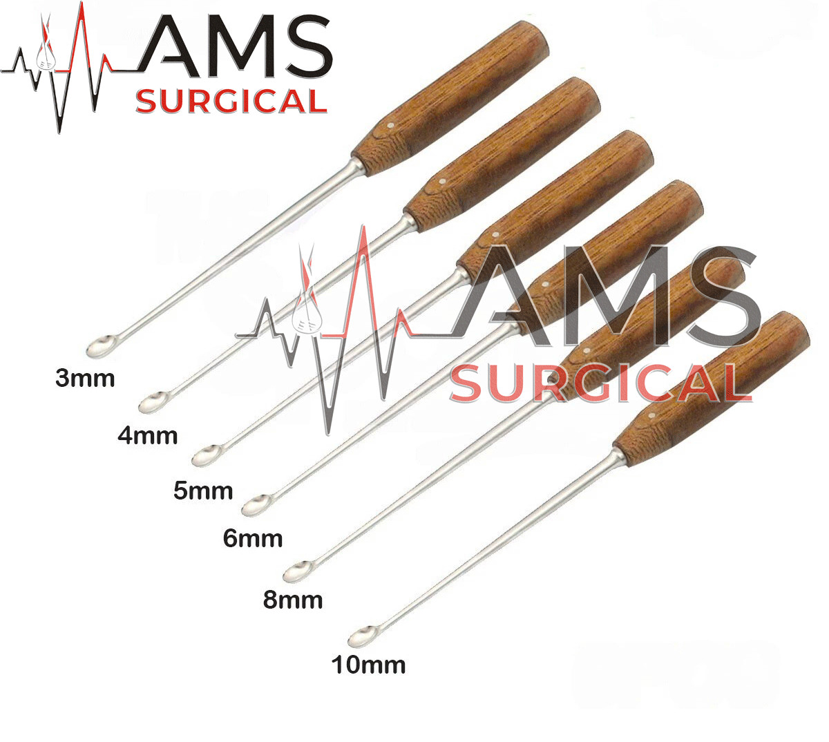 Set of 6 Pcs Halle Bone Curette Fiber Handle Orthopedic Surgical Instruments
