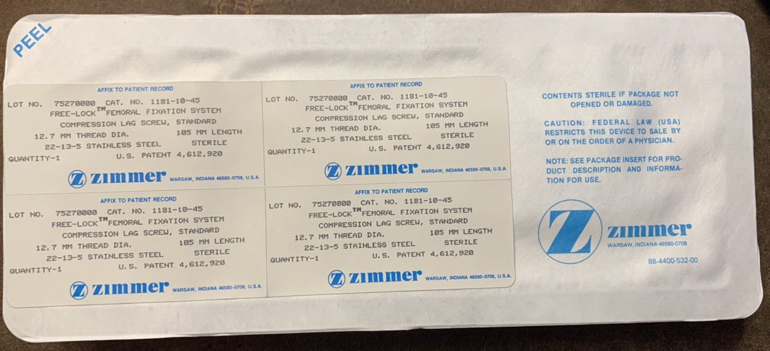 Zimmer Compression LAG Screw 12.7mm Length 105mm