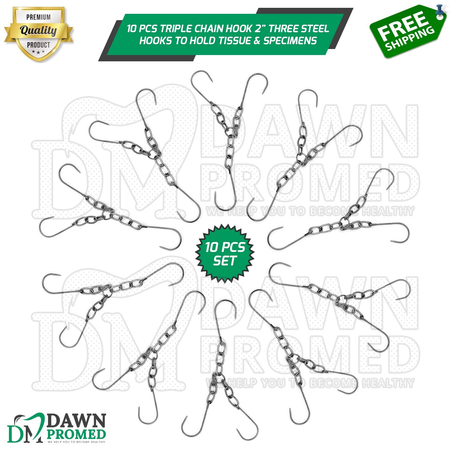 10 Pcs Triple Chain Hook 2″ Three Steel Hooks on Ring to Hold Tissue & Specimens
