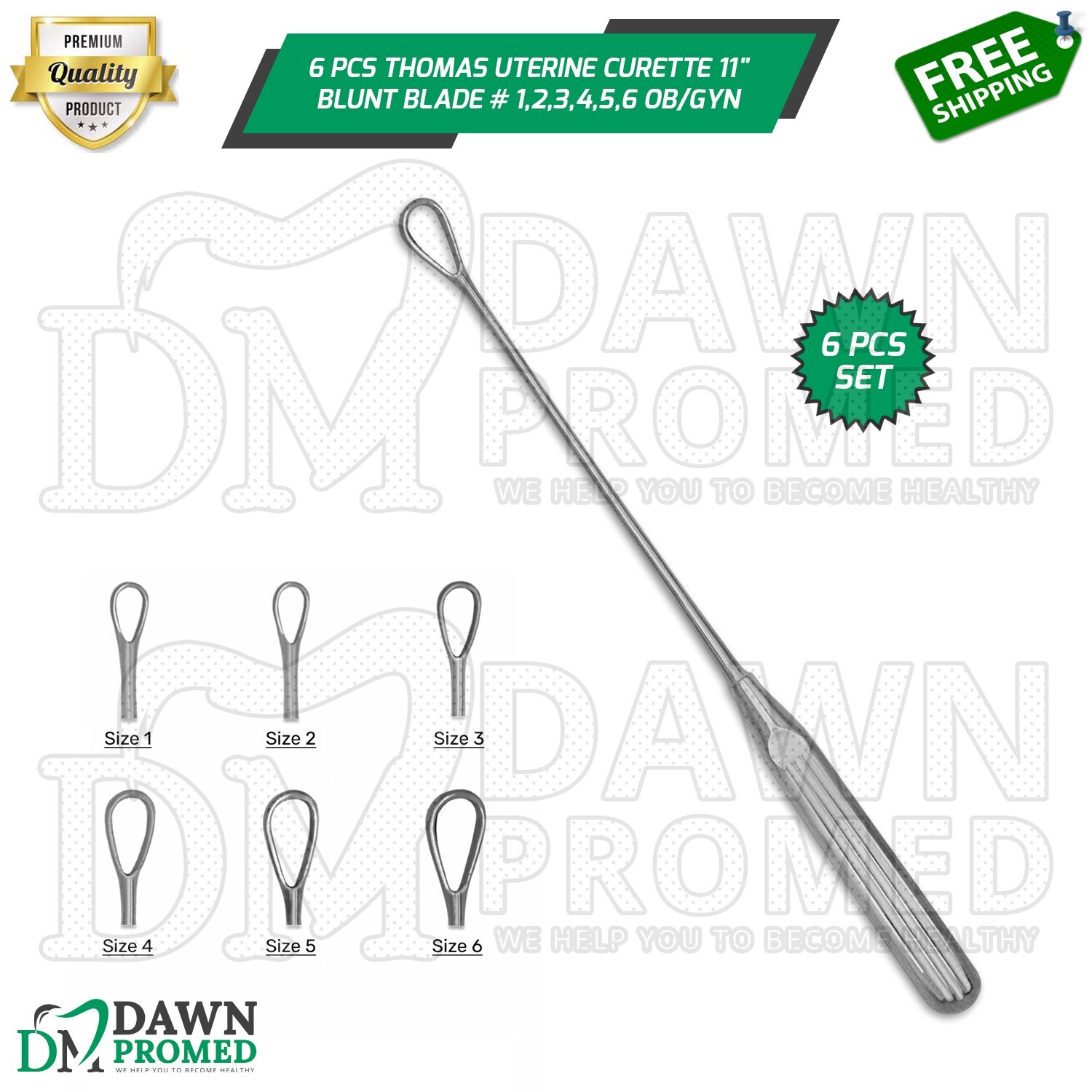 6 Pcs Thomas Uterine Curette 11″ Blunt Blade # 1,2,3,4,5,6 OB/GYN German Grade