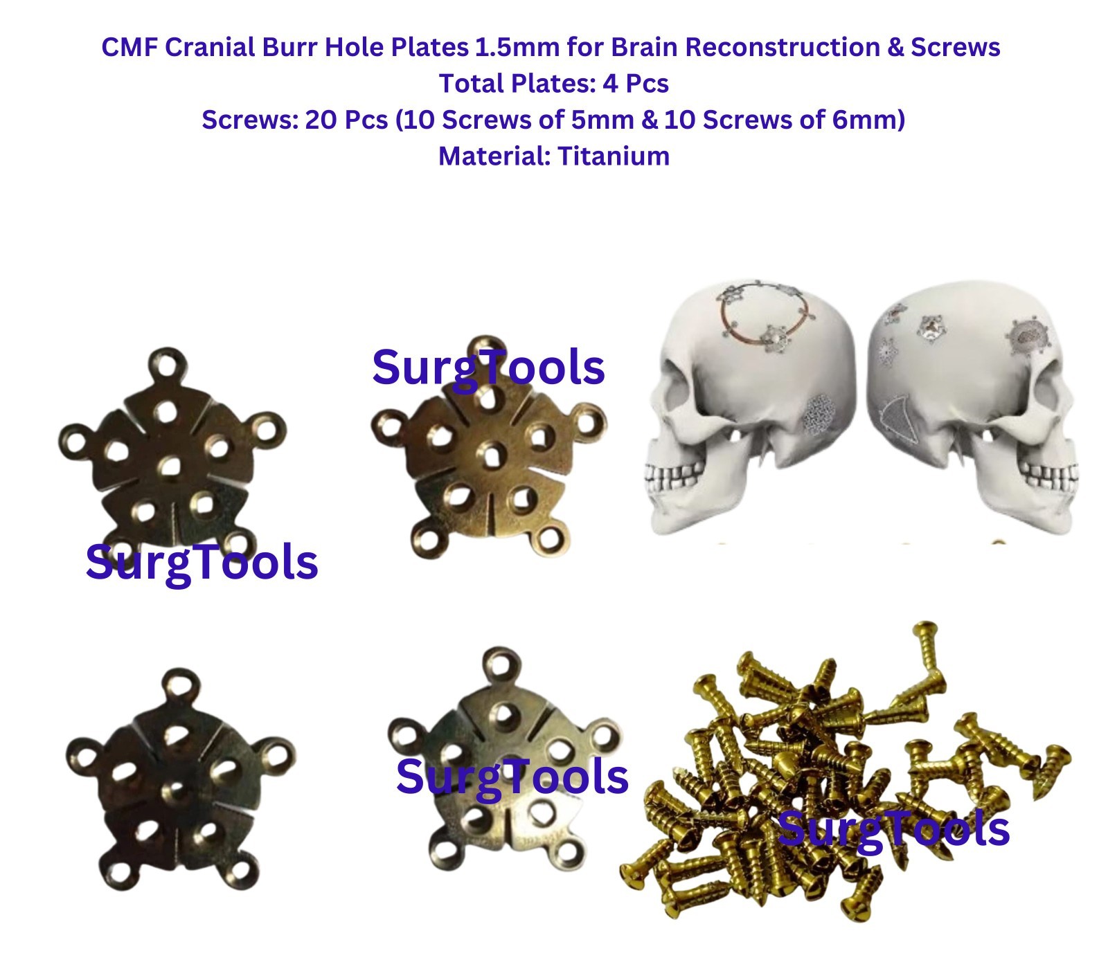 1.5mm CMF Maxillofacial Burr Hole Plates & Self Drilling Screws 24 Pcs Titanium