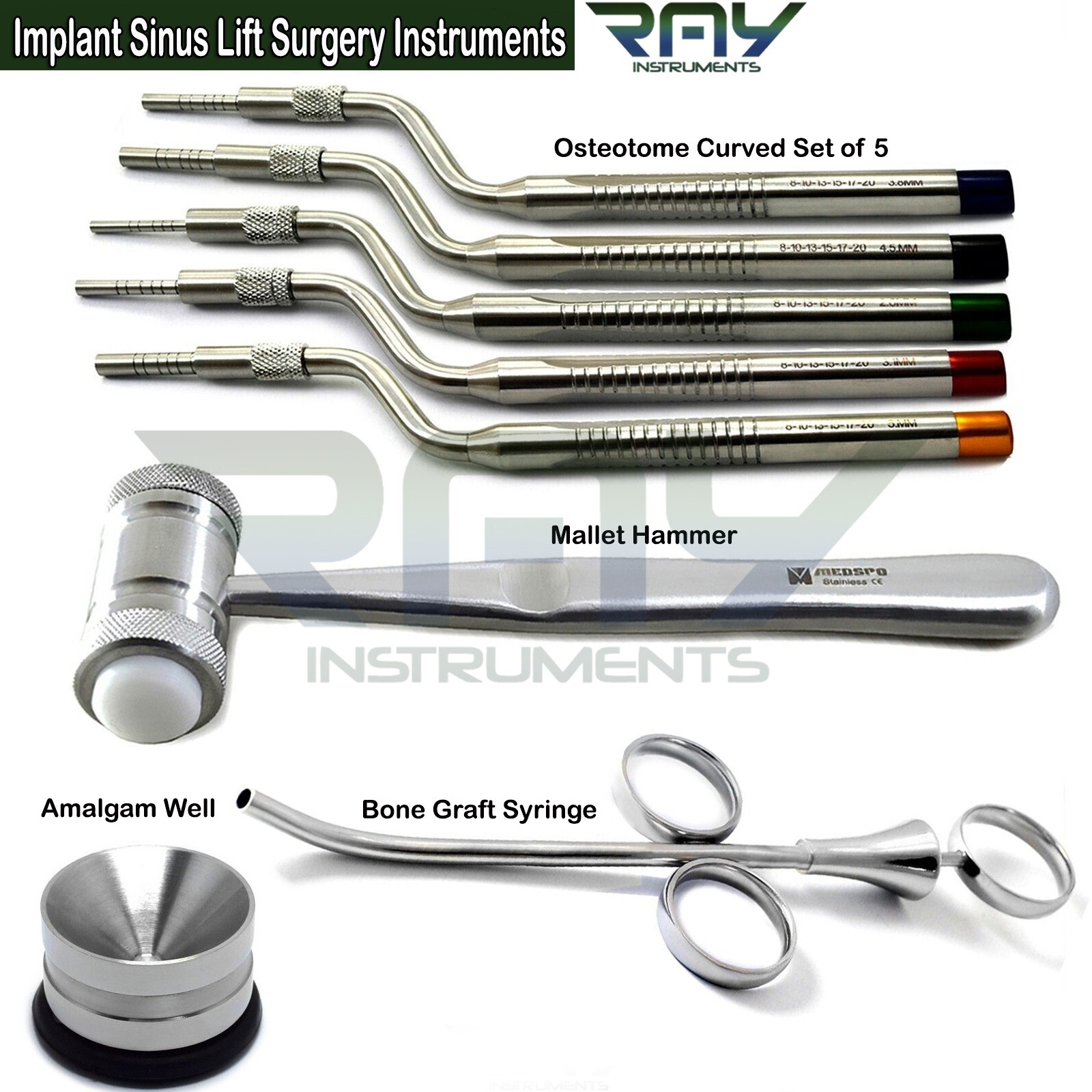 Sinus Lift Surgery Kit Offset Concave Osteotome Bone Syringe Mallet Mead Hammer