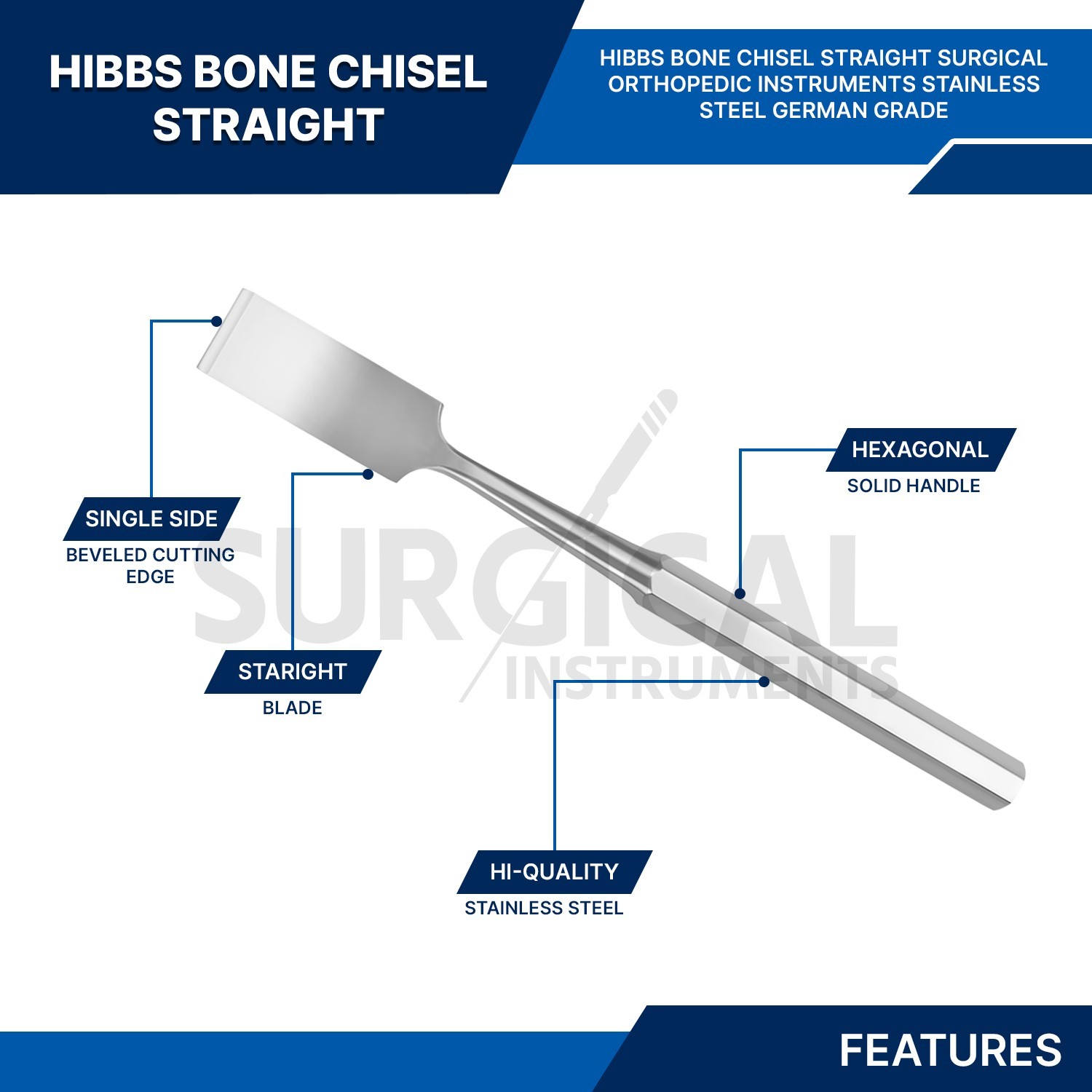 HIBBS Chisel 9″ with 1″ (2.5cm) Straight Blade Orthopedic Instrument German G