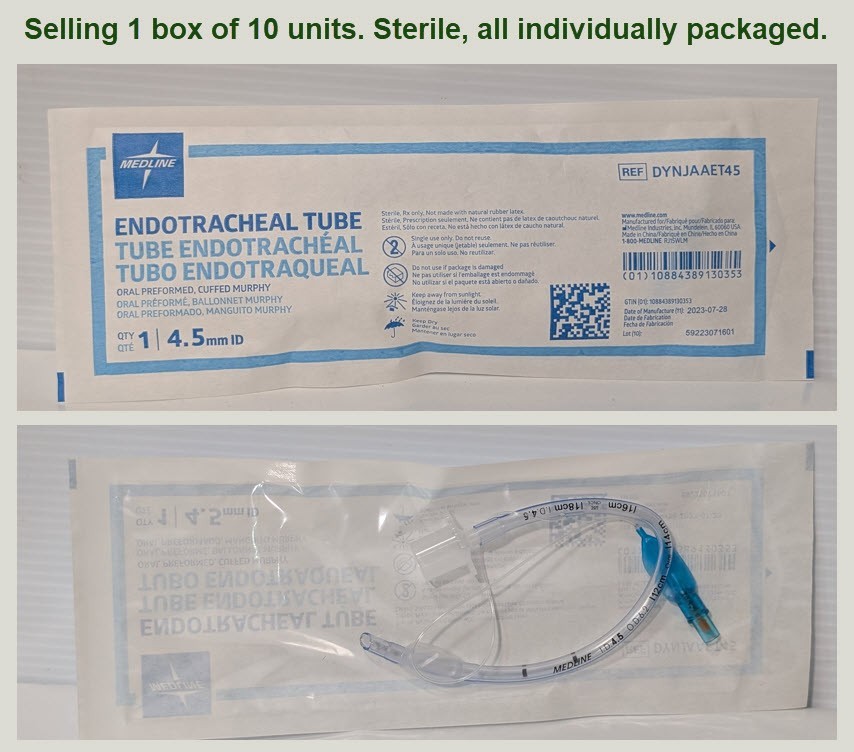 1 Box of 10 Pieces Medline DYNJAAET45 Cuffed Endotracheal Tubes, 4.5mm ID,
