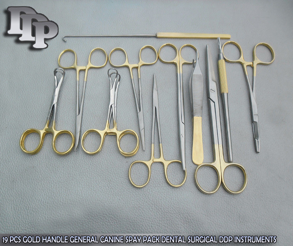 19 PCS GOLD HANDLE GENERAL CANINE SPAY PACK SURGICAL INSTRUMENTS SET KIT DS-1054