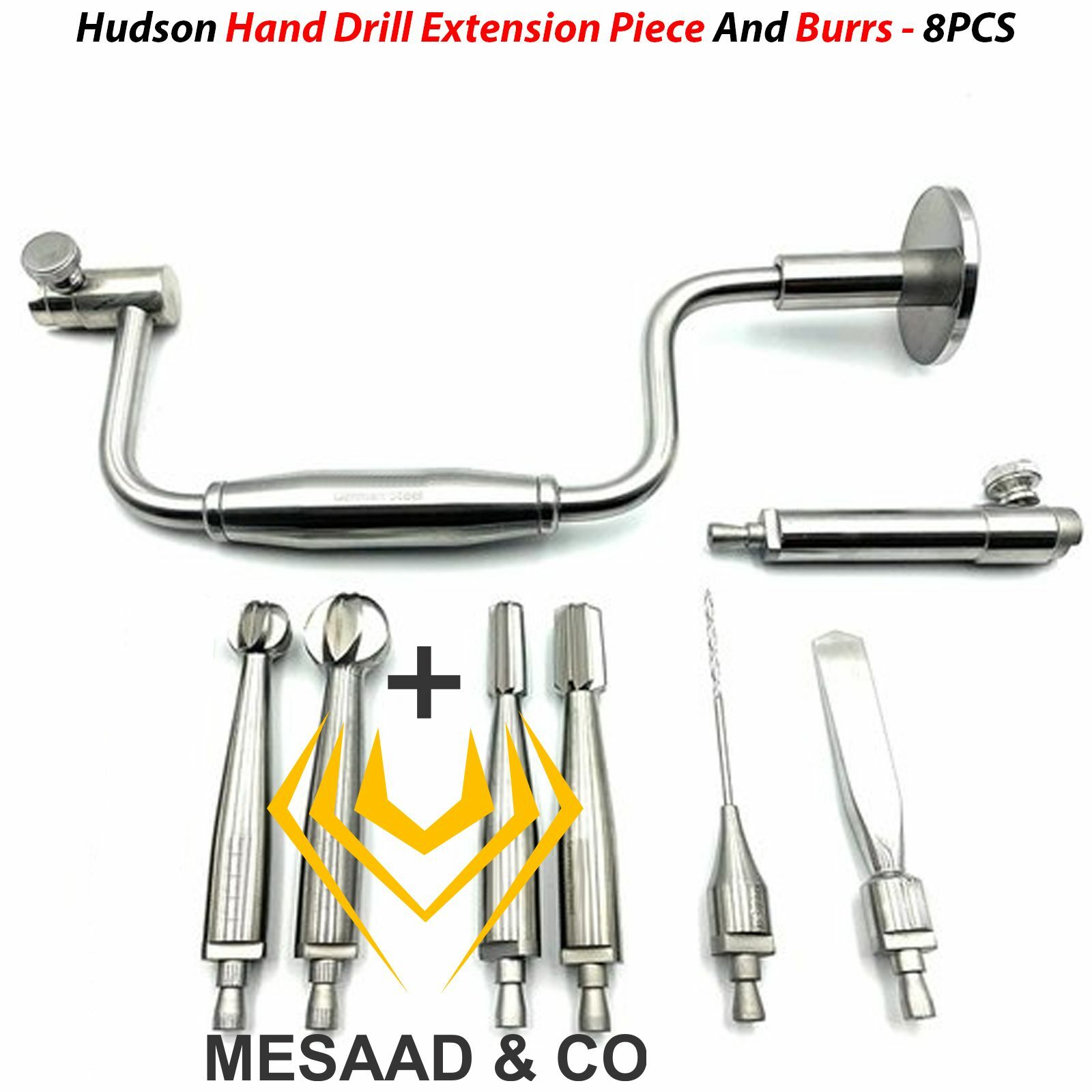 New Hudson Hand Drill Extension Piece And Burrs 8 PCS Set Orthopedic Instruments