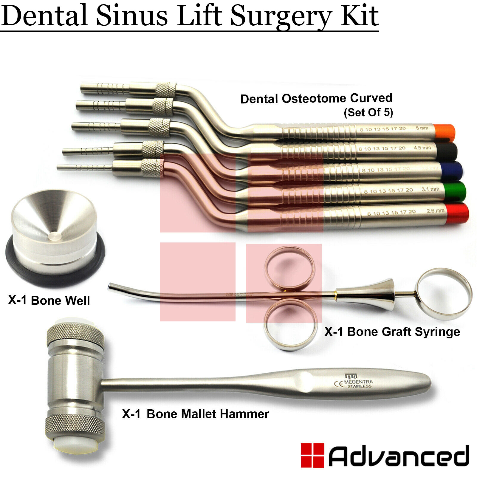 8Pcs Dental Sinus Lift Surgery Kit Offset Osteotome Bone Spreading Mallet Hammer