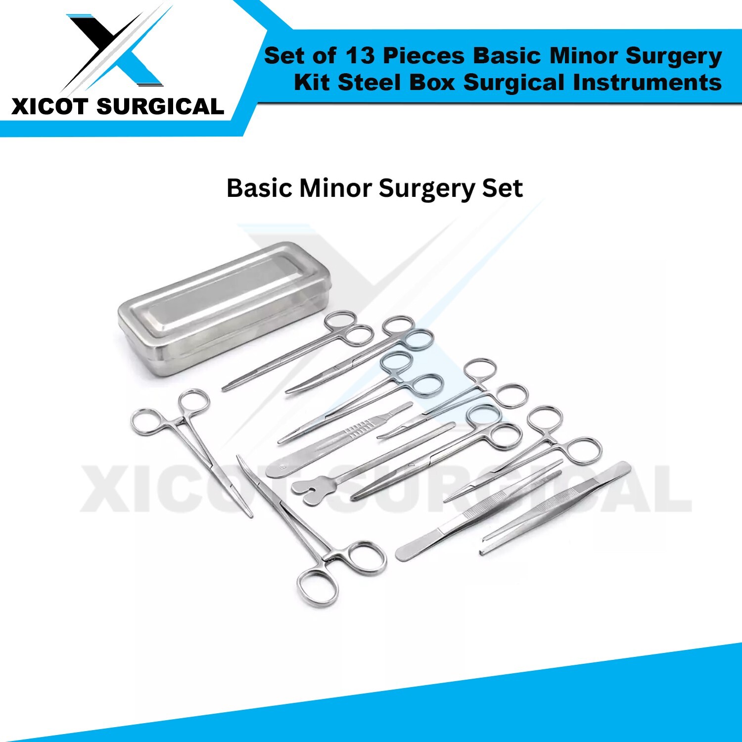 Set of 13 Pieces Basic Minor Surgery Kit Steel Box Surgical Instruments