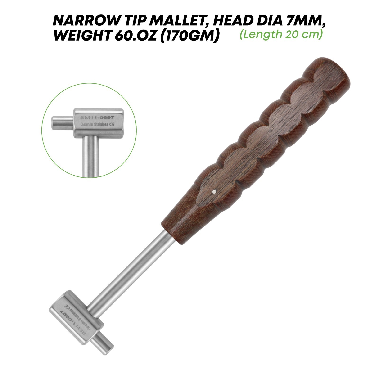 Narrow Tip Mallet 170gm Head Dia 7 mm Length 20 cm Orthopedic Instrument German