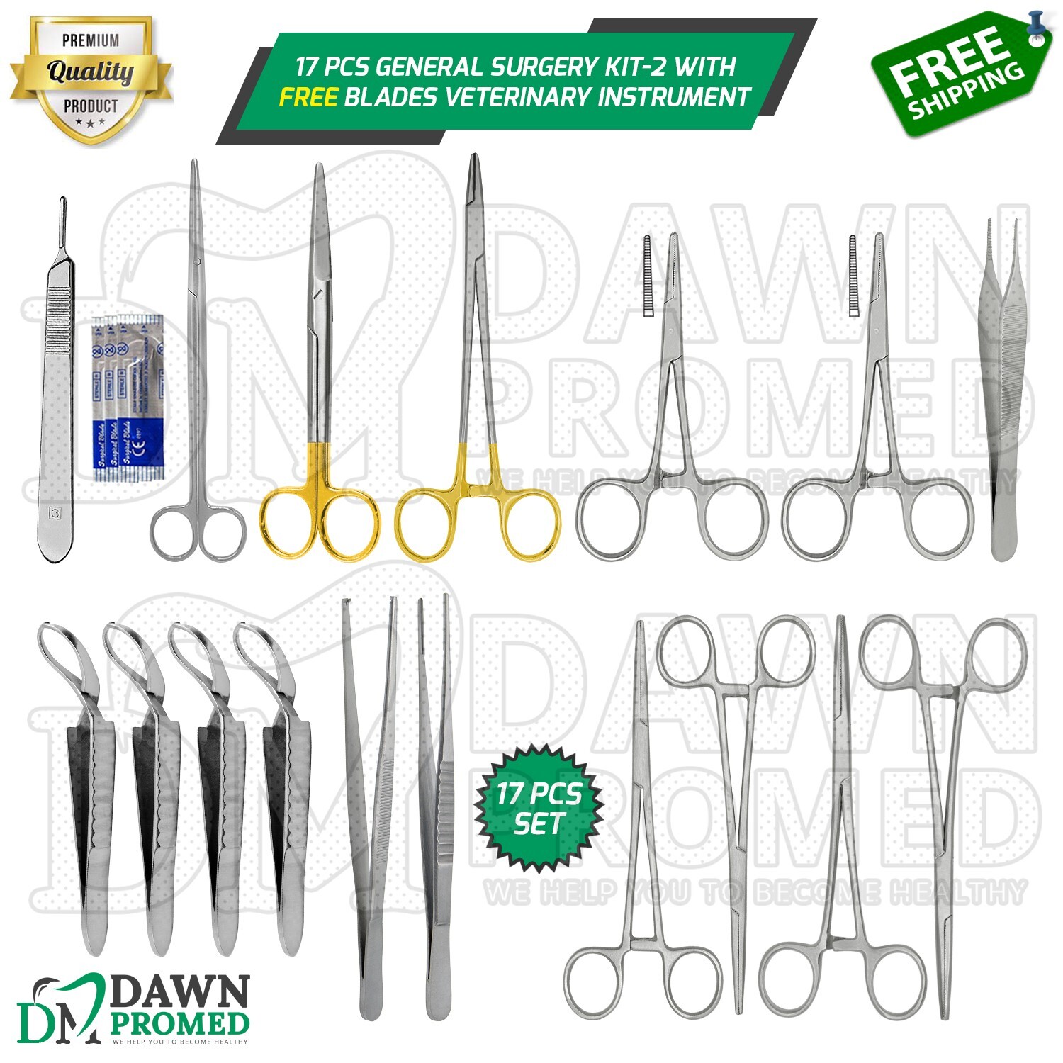 17 Pcs General Surgery Kit-2 With FREE Blades Veterinary Instrument German Grade