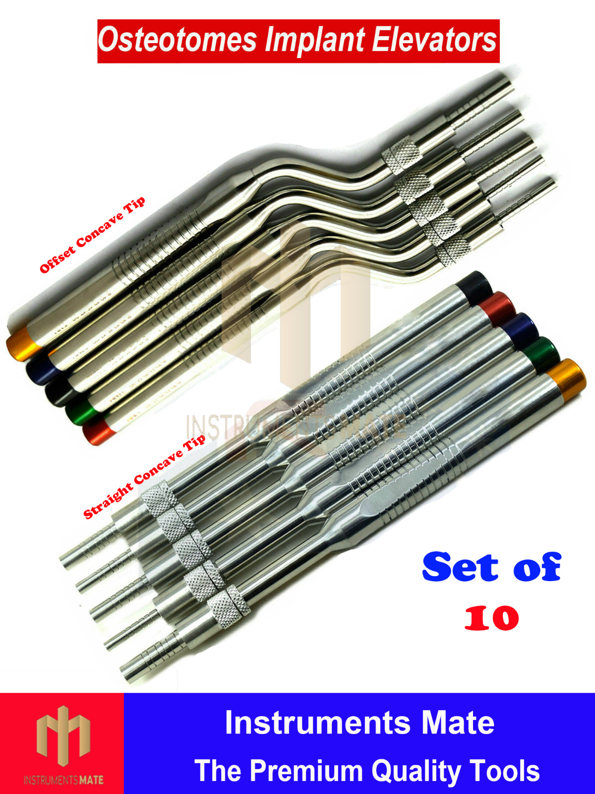 Osteotomes Set of 10 Offset Straight Concave Implant Sinus Lift Bone Tip Ortho