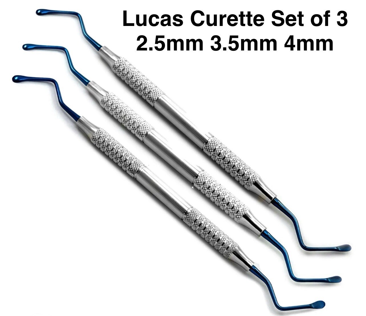 Set Of 3 Lucas Bone Curette Titanium Blue Tip Periodontal Surgical Cyst Removal