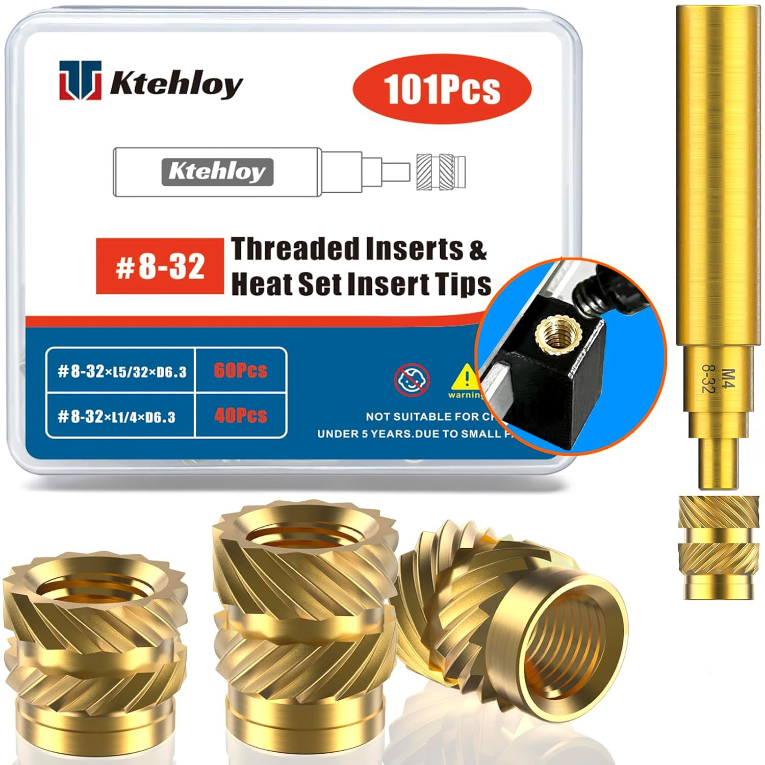 101Pcs #8-32 Threaded Inserts, Female Thread SAE Knurled Nuts Assortment Kit, Br