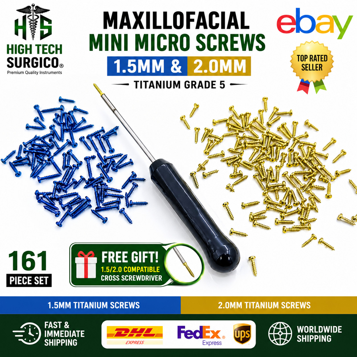 Máxillofáciàl Mini Micro Cross Head Screws 1.5mm /2.0mm Titanium + Driver 161pcs