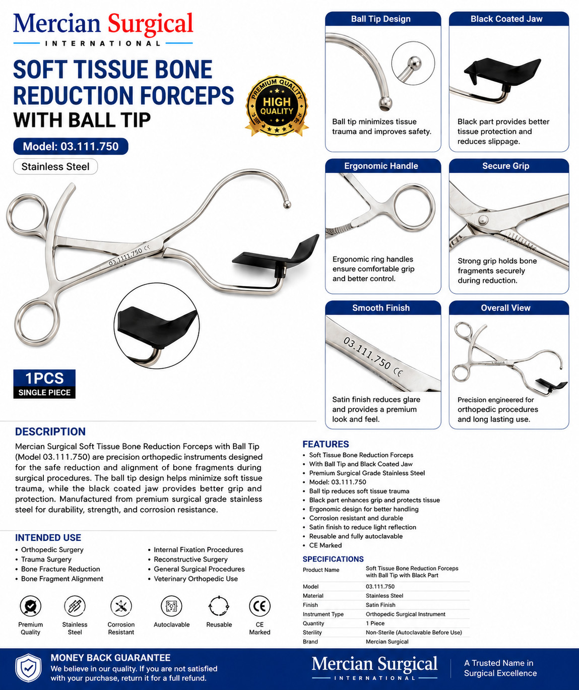 Soft Tissue Bone Reduction Forceps With Ball Tip 03.111.750 Stainless Steel Set