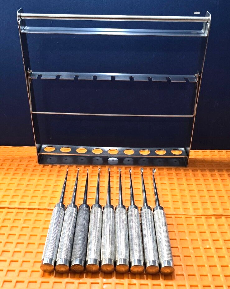 JARIT 240-085 Orthopedic Cobb Curettes Oval Cup Angled Tip Set of 9 With Rack