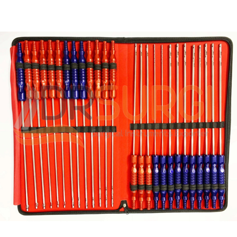 Fixed Handle Cannula Set of 26 pieces Liposuction Surgical Set with Pouch