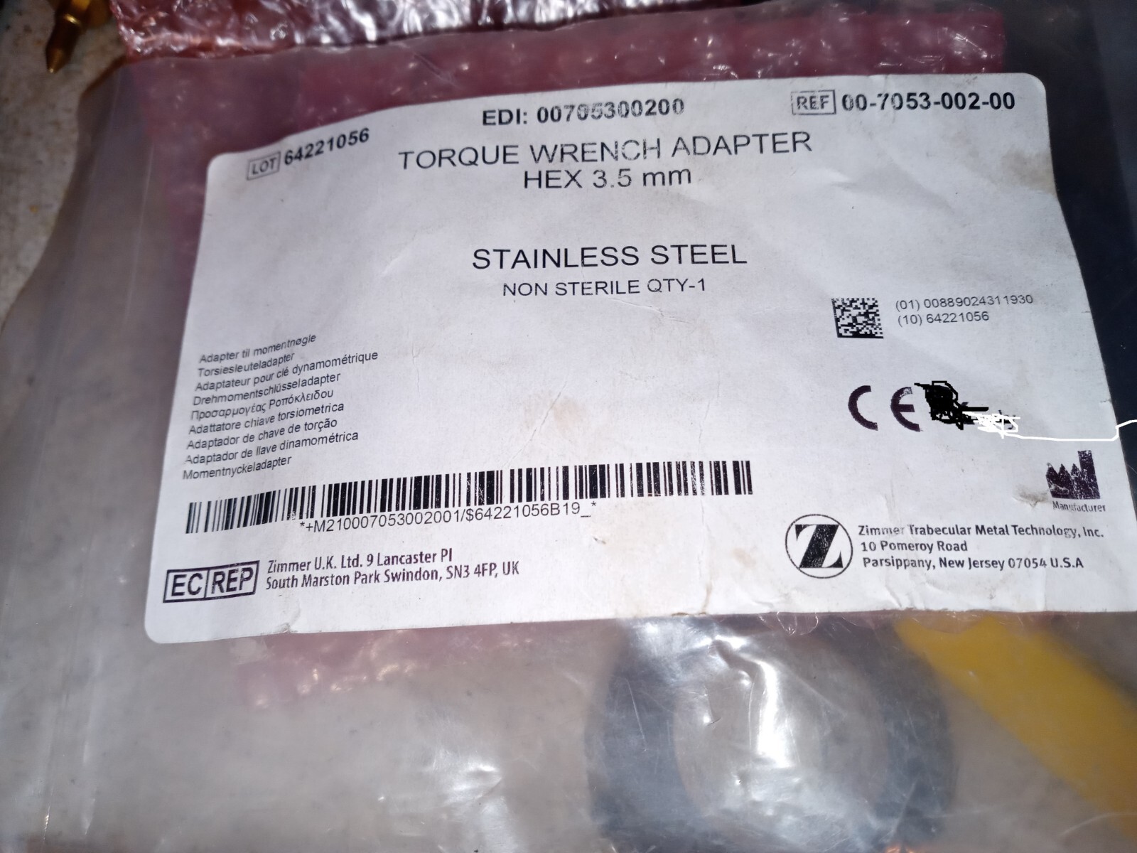 Zimmer 00-7053-002-00 3.5mm Hex Torque Wrench Adapter