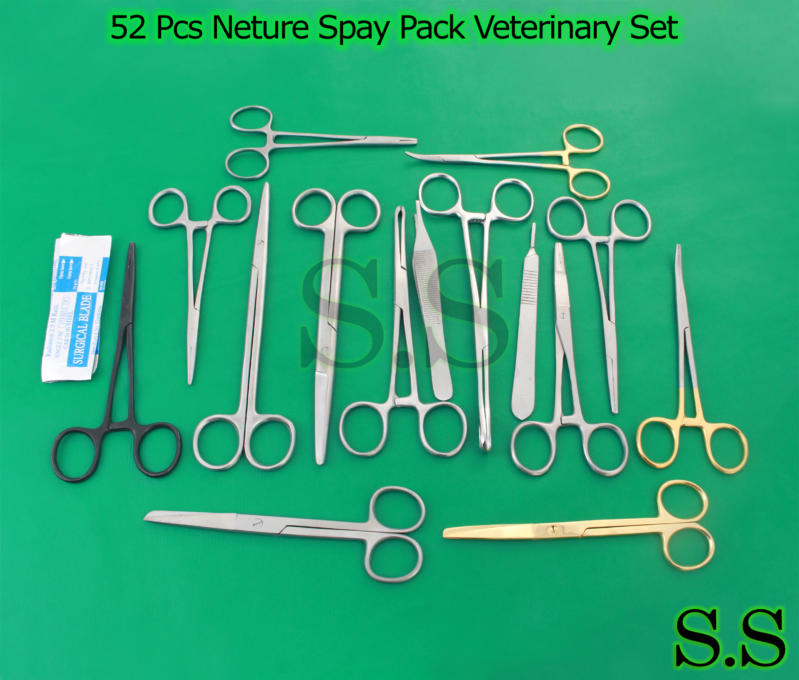 52 PCS NEUTER SPAY PACK VETERINARY SURGICAL INSTRUMENT GOLD HANDLE BLACK DS-1082